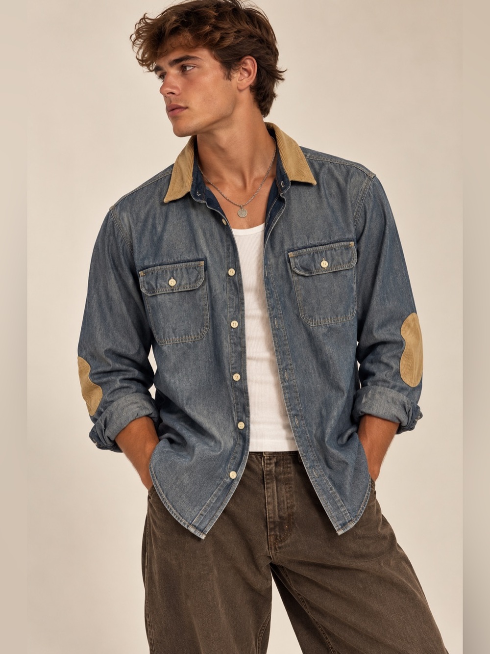 Nautica Mens Denim Chambray Shirt Corduroy Collar Elbow Patches Workwear XL